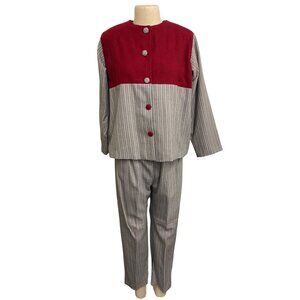Vintage Two-Piece Striped Suit With Red Wool Accents and Button Details Handmade